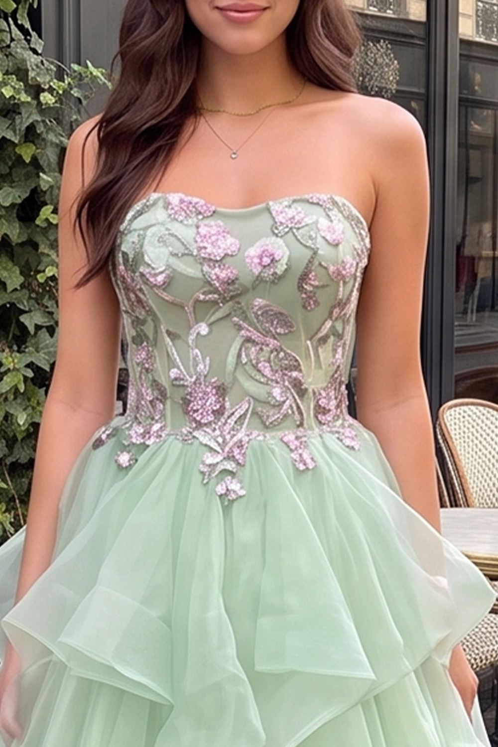 Mint Green Strapless Ball Gown Tiered Long Floral Prom Dress