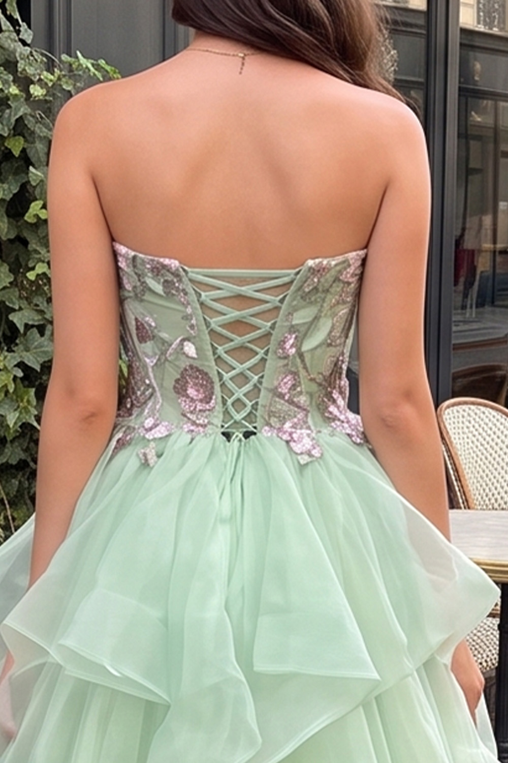 Mint Green Strapless Ball Gown Tiered Long Floral Prom Dress