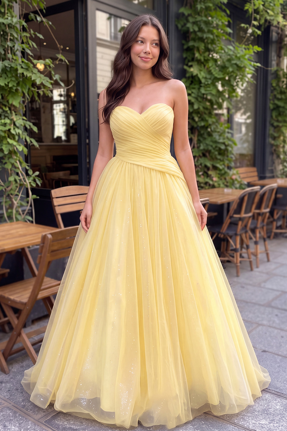 Glitter Daffodil A-Line Sweetheart Ruched Long Prom Dress