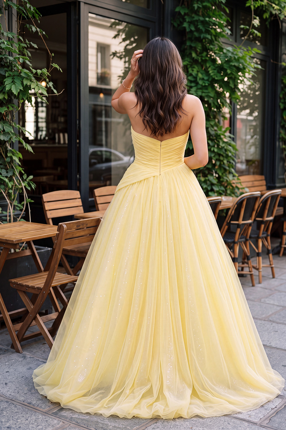 Glitter Daffodil A-Line Sweetheart Ruched Long Prom Dress