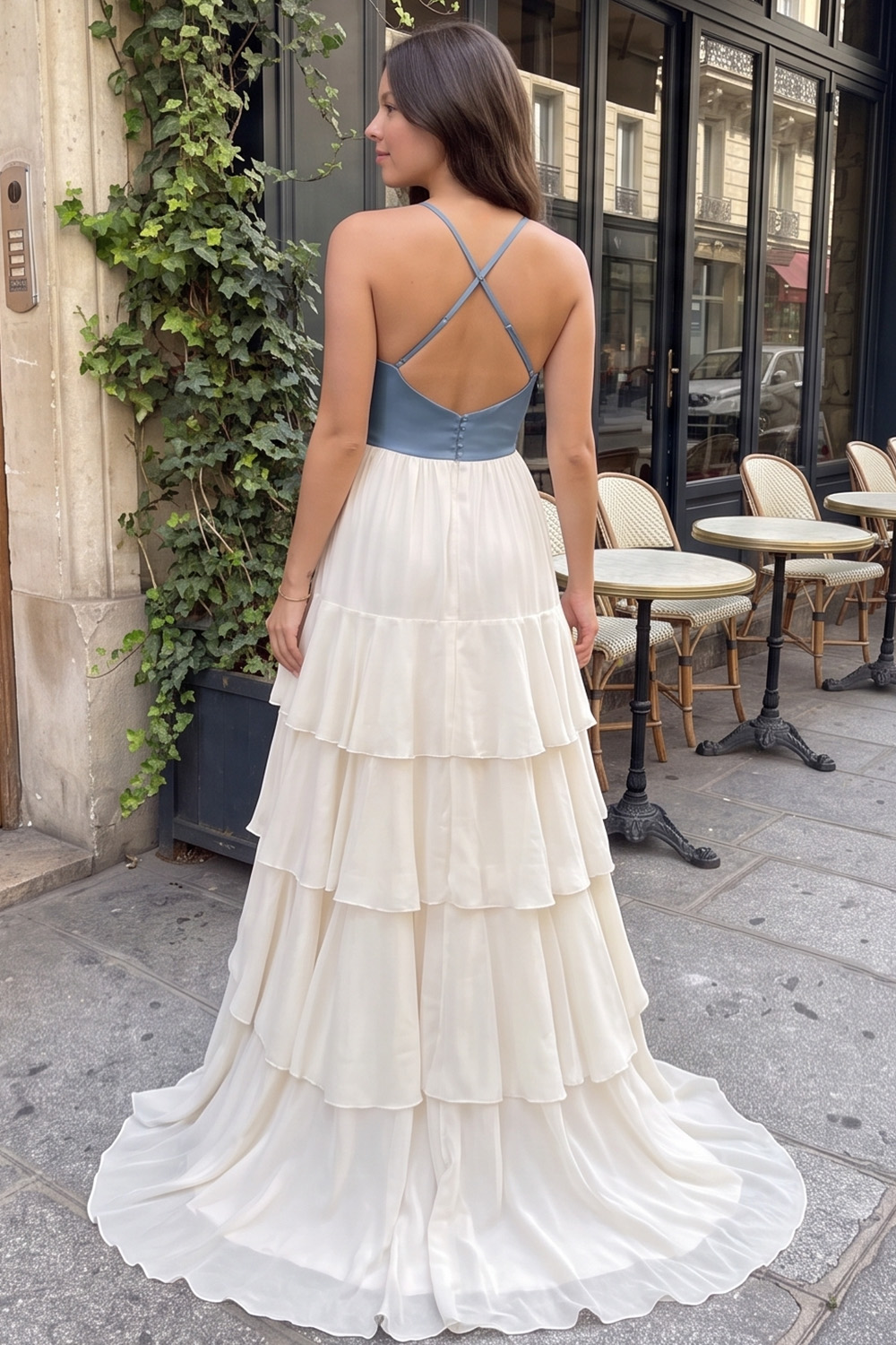 Blue and White Tiered Spaghetti Straps Long Ruffled Prom Dress with Slit