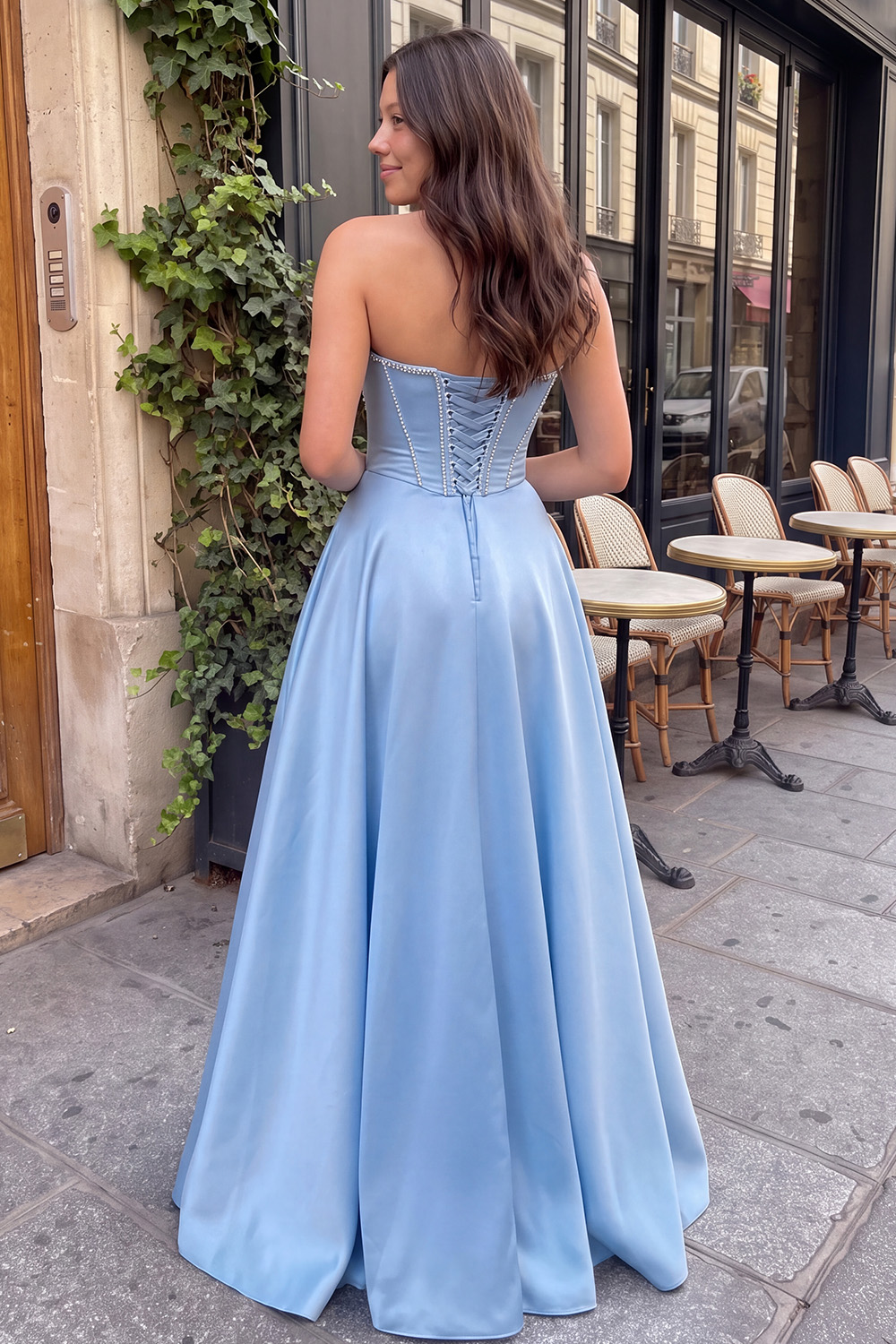 Light Blue Corset A-Line Strapless Long Satin Prom Dress with Beading