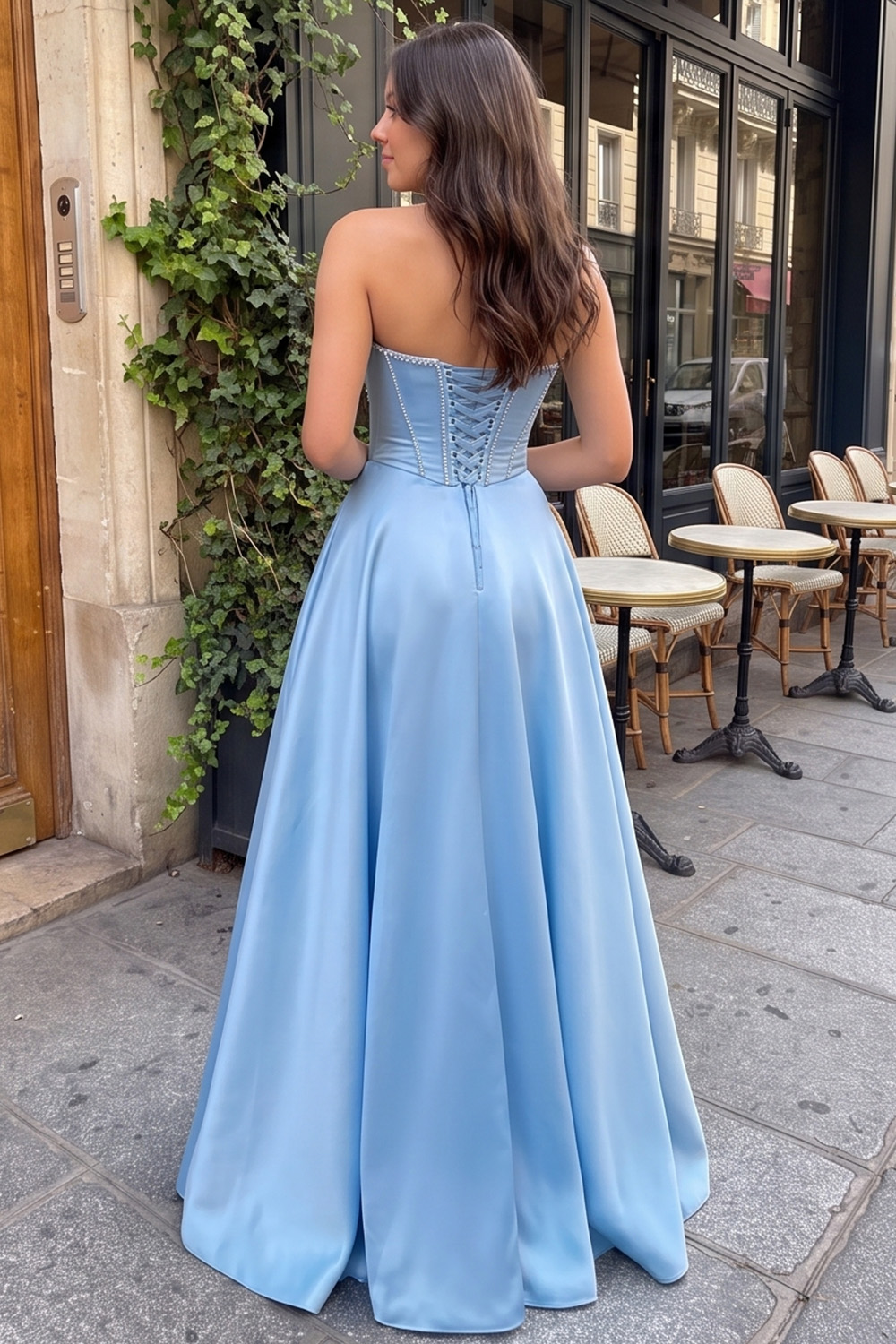 Light Blue Corset A-Line Strapless Long Satin Prom Dress with Beading