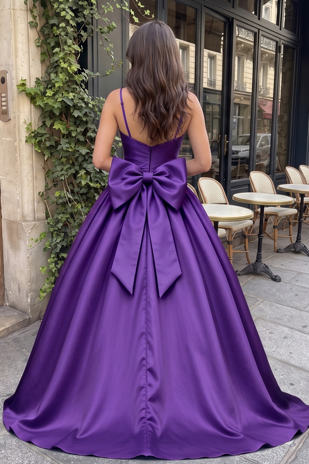 Violet A-Line Spaghetti Straps Long Satin Prom Dress with Bow