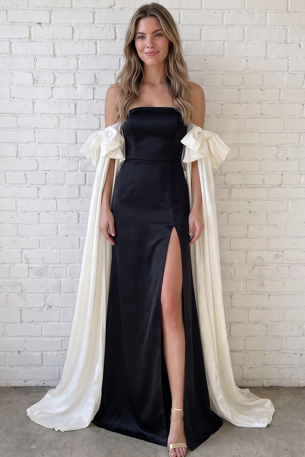 Black and White Satin Sheath Strapless Long Prom Dress with Cape