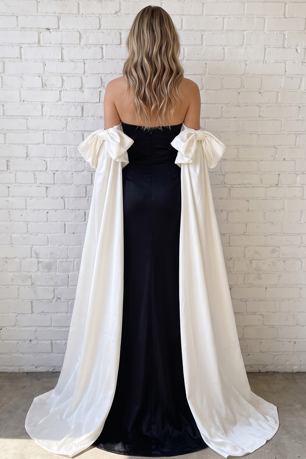 Black and White Satin Sheath Strapless Long Prom Dress with Cape