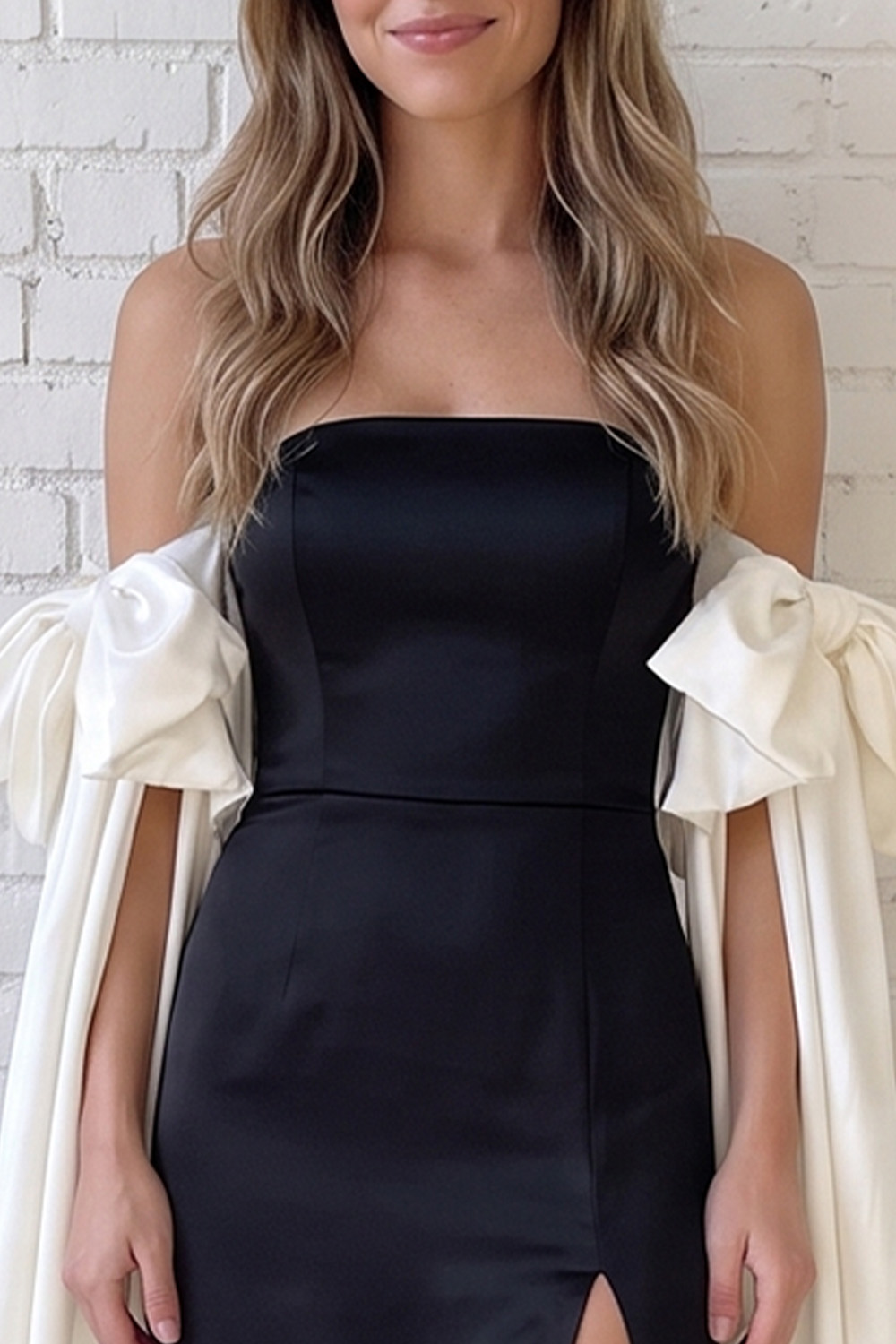 Black and White Satin Sheath Strapless Long Prom Dress with Cape