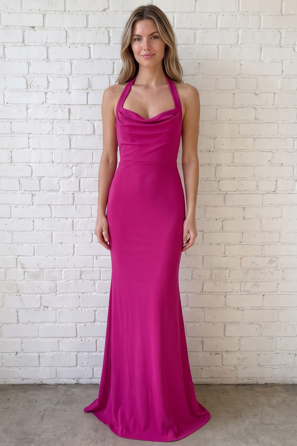 Simple Fuchsia Mermaid Halter Backless Long Satin Prom Dress