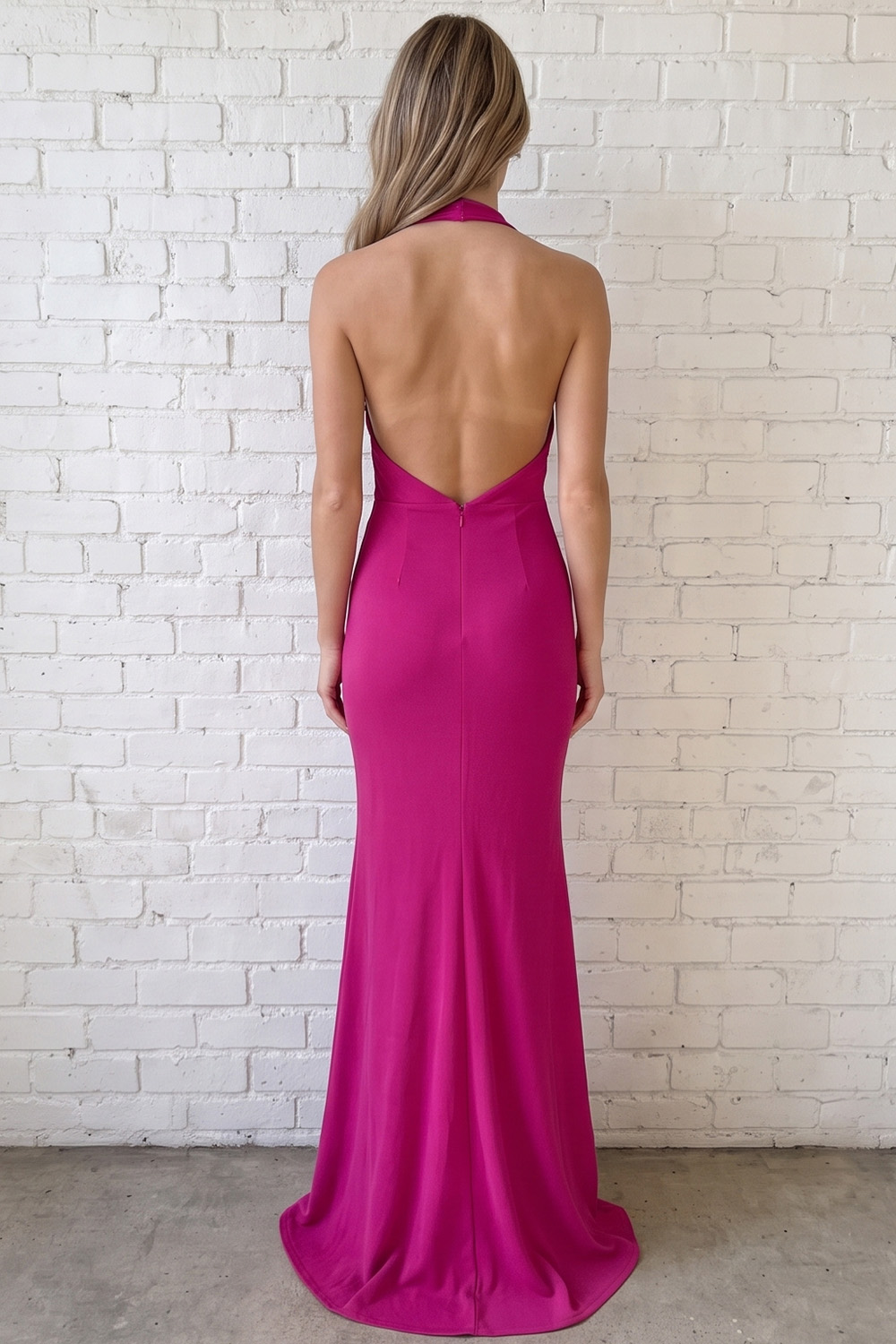 Simple Fuchsia Mermaid Halter Backless Long Satin Prom Dress