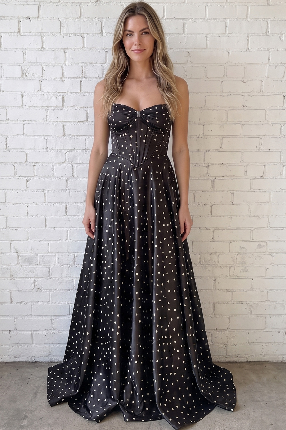 Black and White Polka Dots Corset A-Line Long Prom Dress