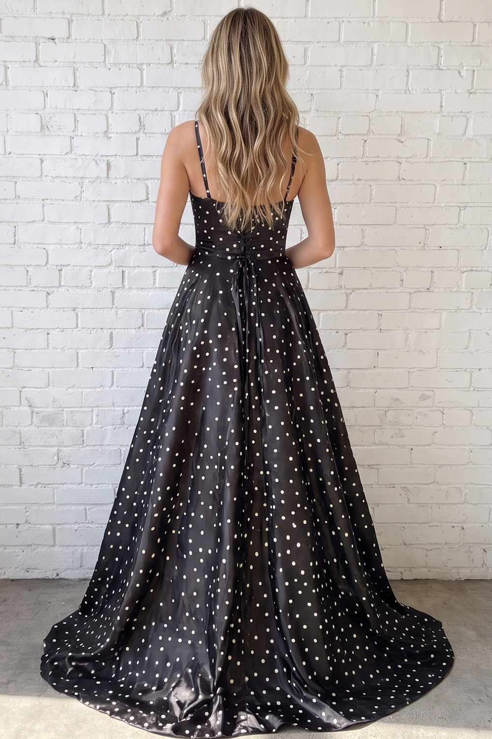 Black and White Polka Dots Corset A-Line Long Prom Dress