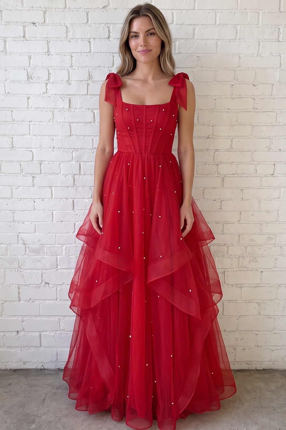 Red Corset A-Line Square Neck Tiered Long Prom Dress with Pearls