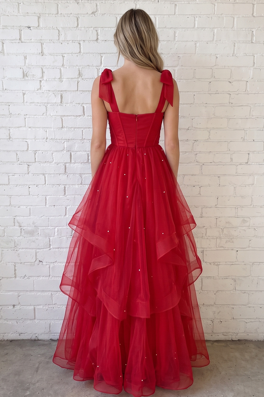 Red Corset A-Line Square Neck Tiered Long Prom Dress with Pearls