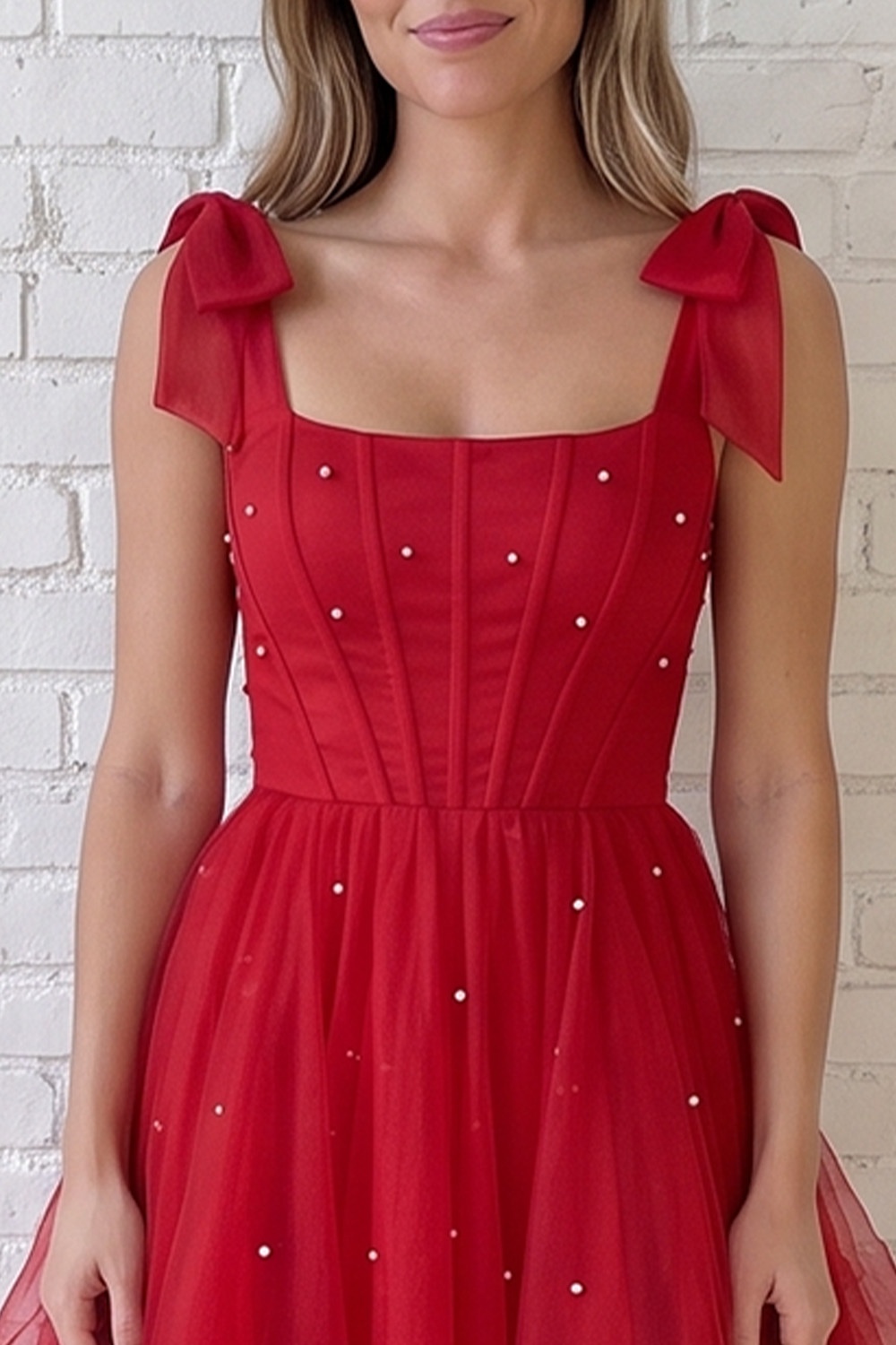 Red Corset A-Line Square Neck Tiered Long Prom Dress with Pearls