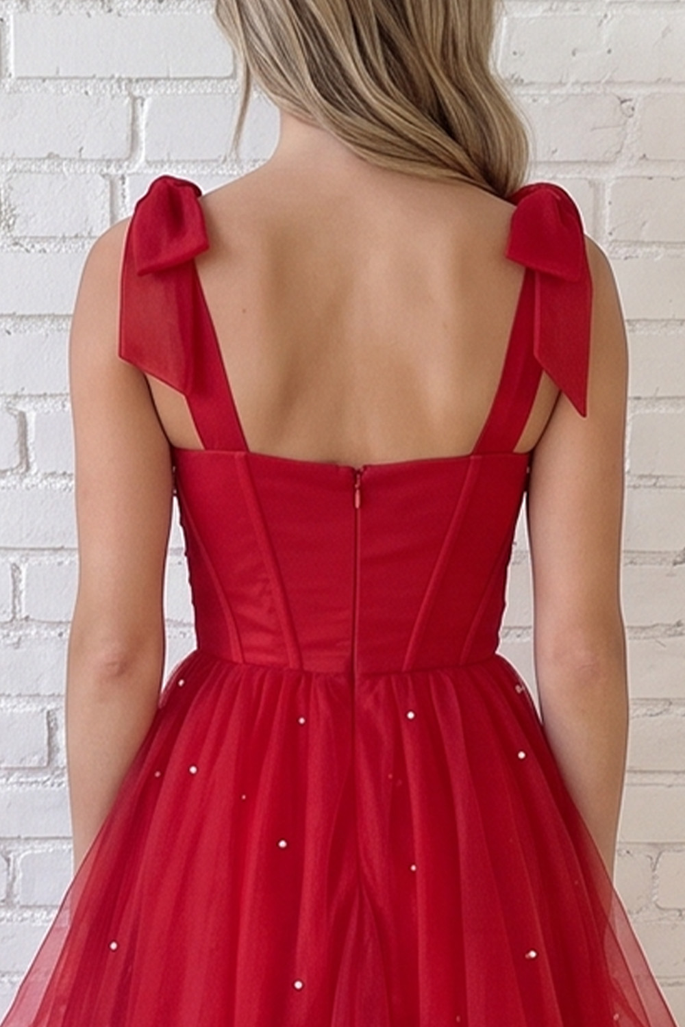 Red Corset A-Line Square Neck Tiered Long Prom Dress with Pearls
