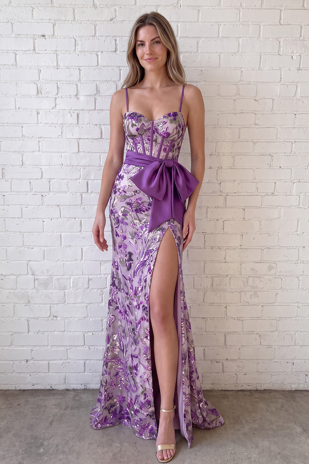 Sparkly Taro Purple Mermaid Spaghetti Straps Long Floral Prom Dress with Bow