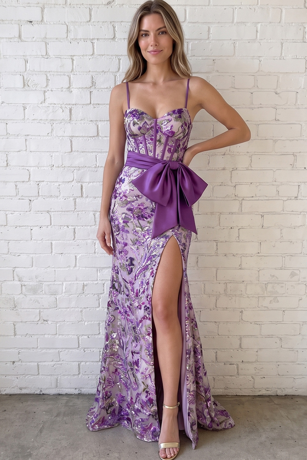 Sparkly Taro Purple Mermaid Spaghetti Straps Long Floral Prom Dress with Bow