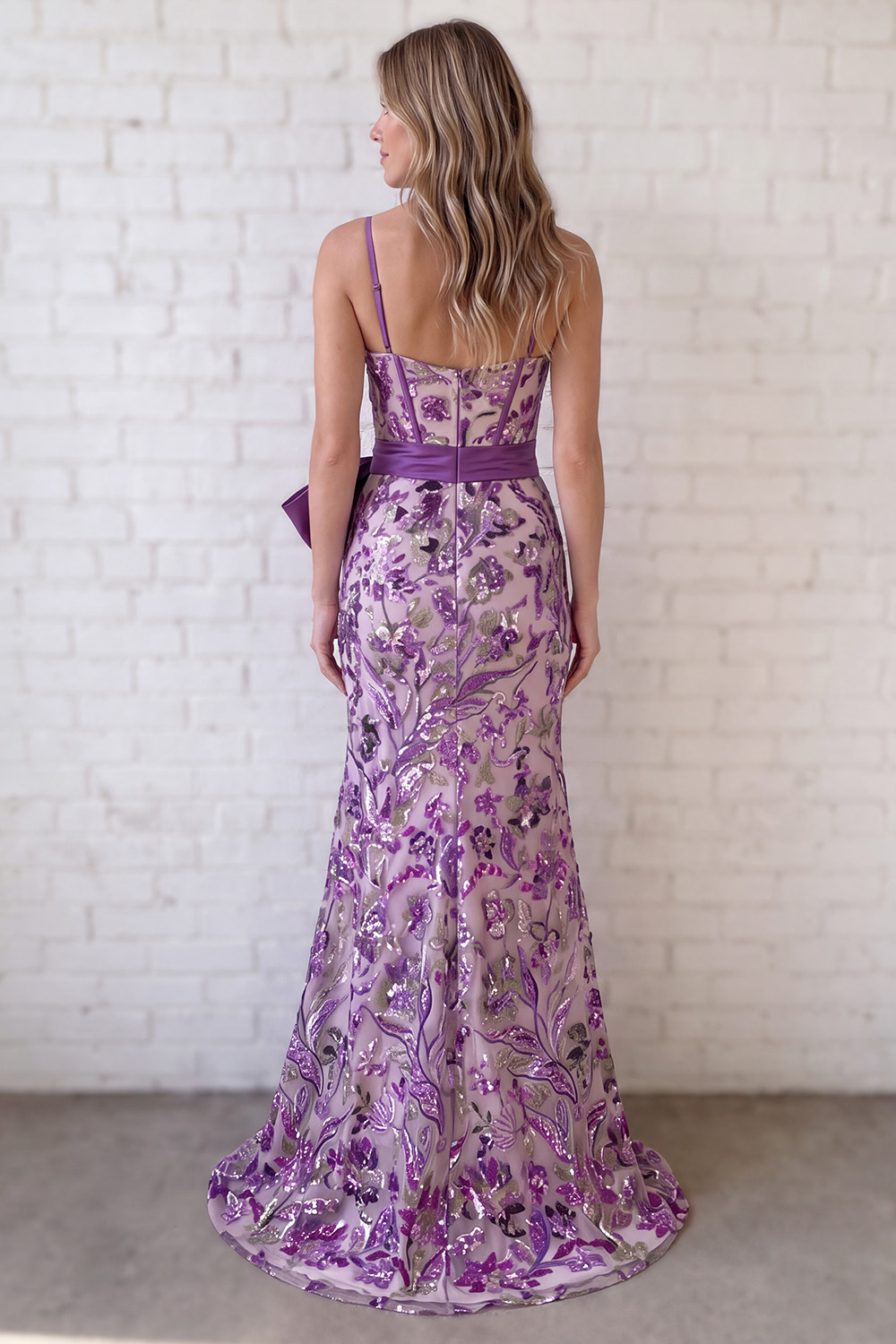 Sparkly Taro Purple Mermaid Spaghetti Straps Long Floral Prom Dress with Bow
