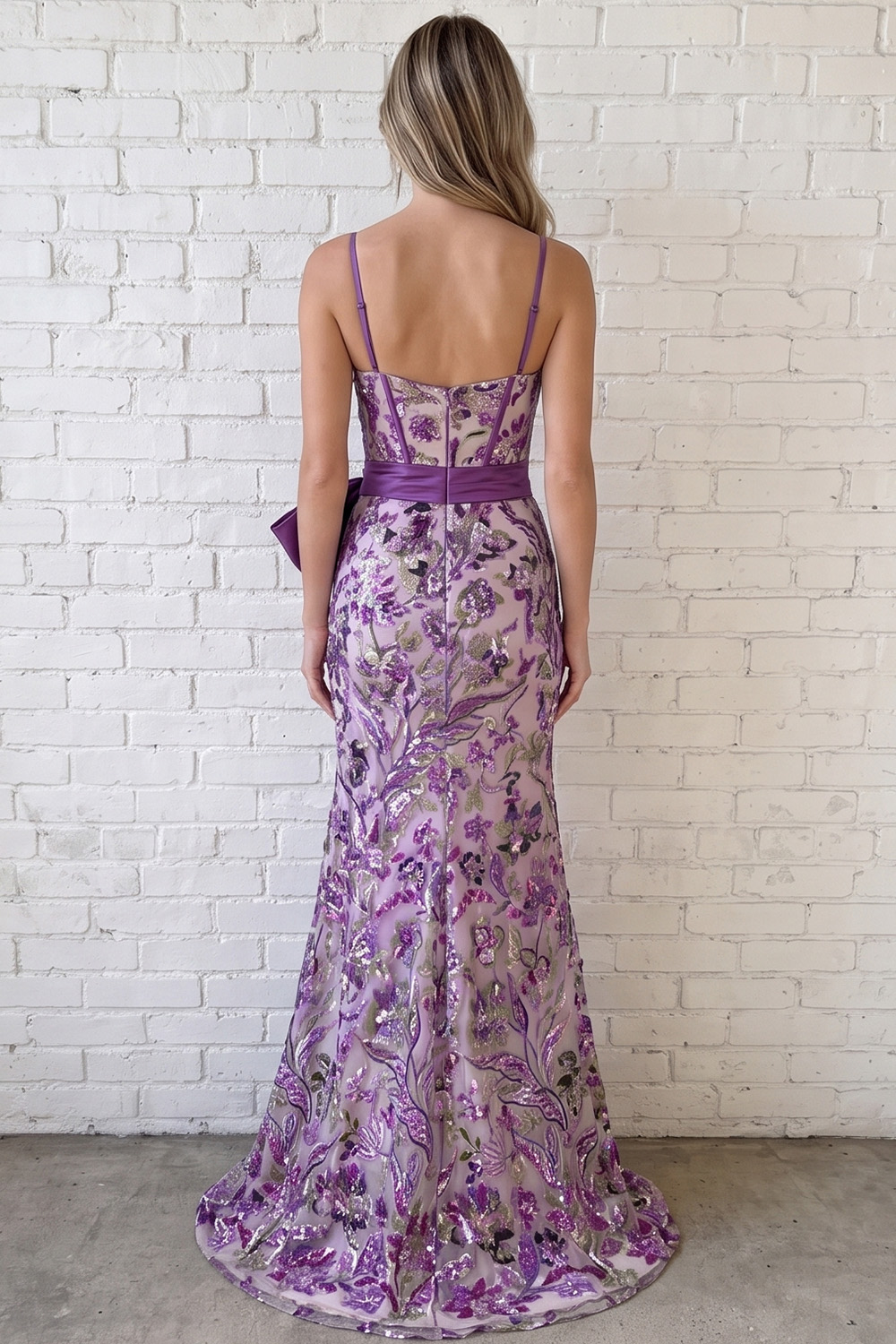 Sparkly Taro Purple Mermaid Spaghetti Straps Long Floral Prom Dress with Bow