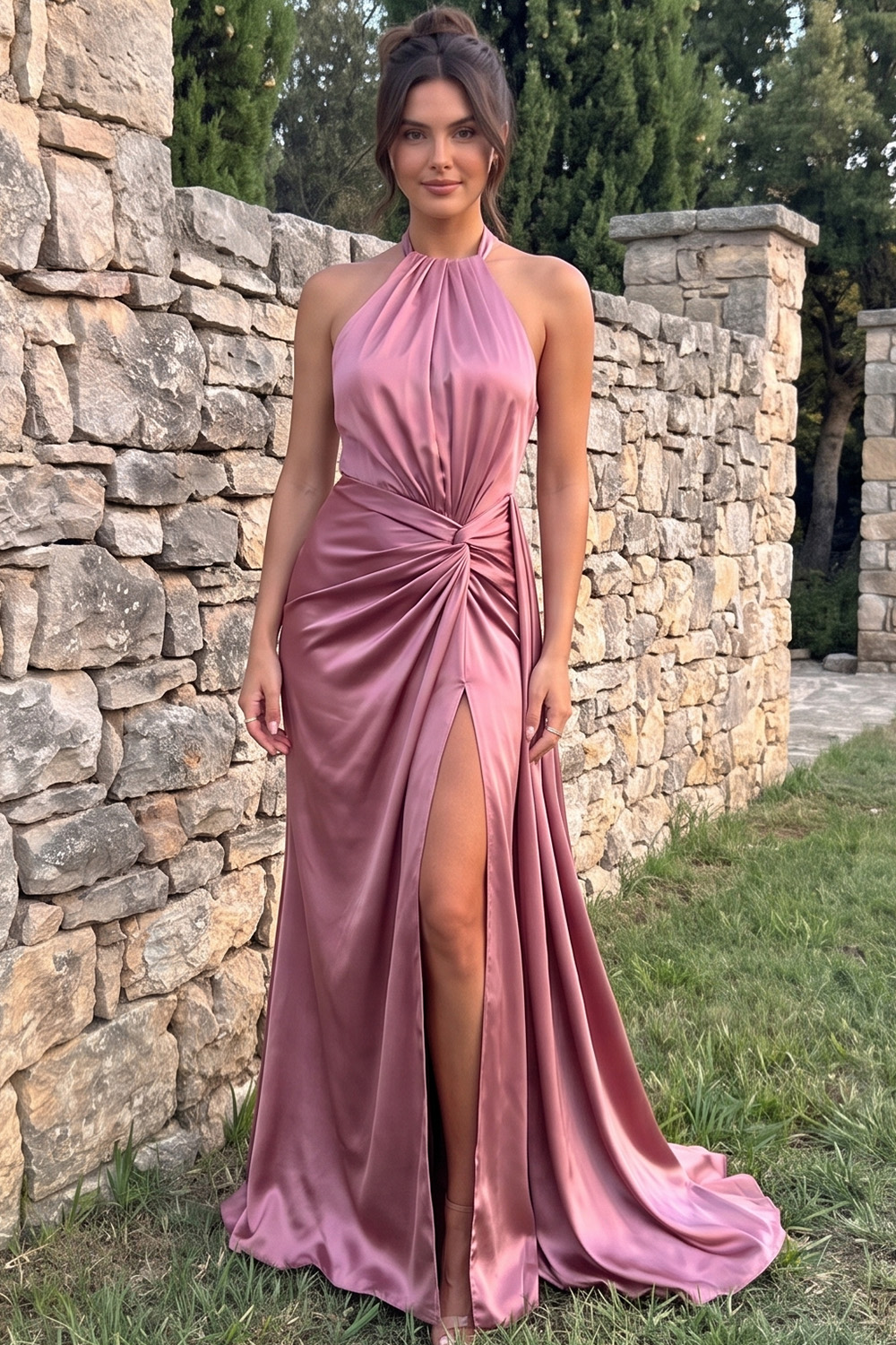 Dusty Rose Satin Halter Ruched Long Prom Dress with Side Cape