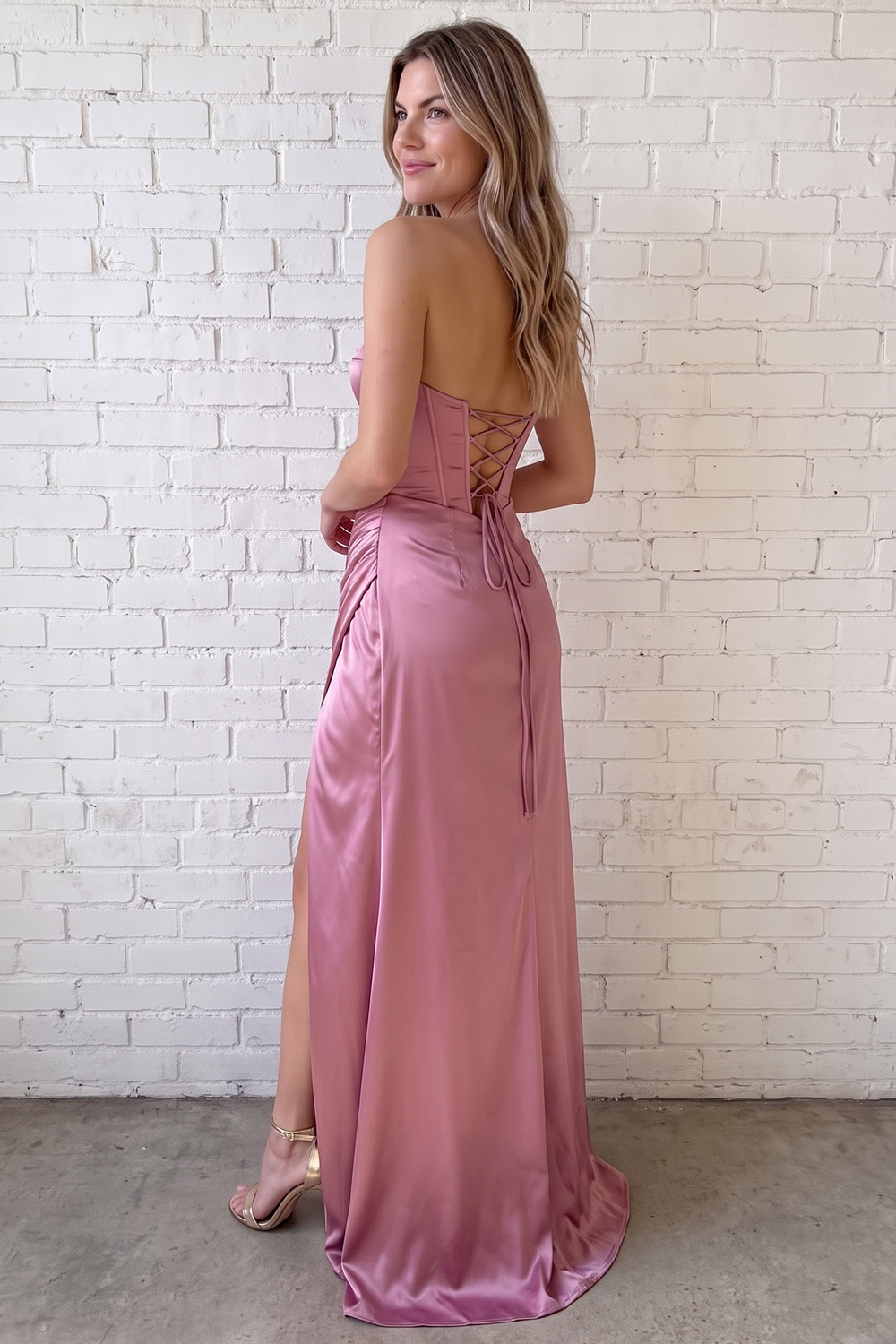 Dusty Rose Satin Halter Ruched Long Prom Dress with Side Cape