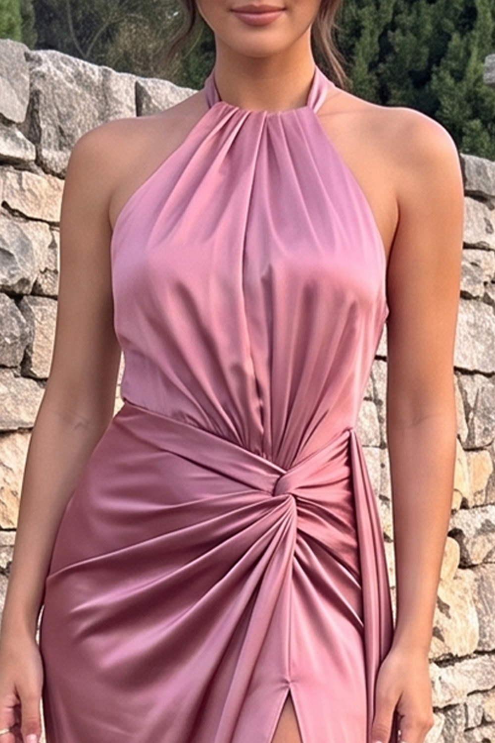Dusty Rose Satin Halter Ruched Long Prom Dress with Side Cape