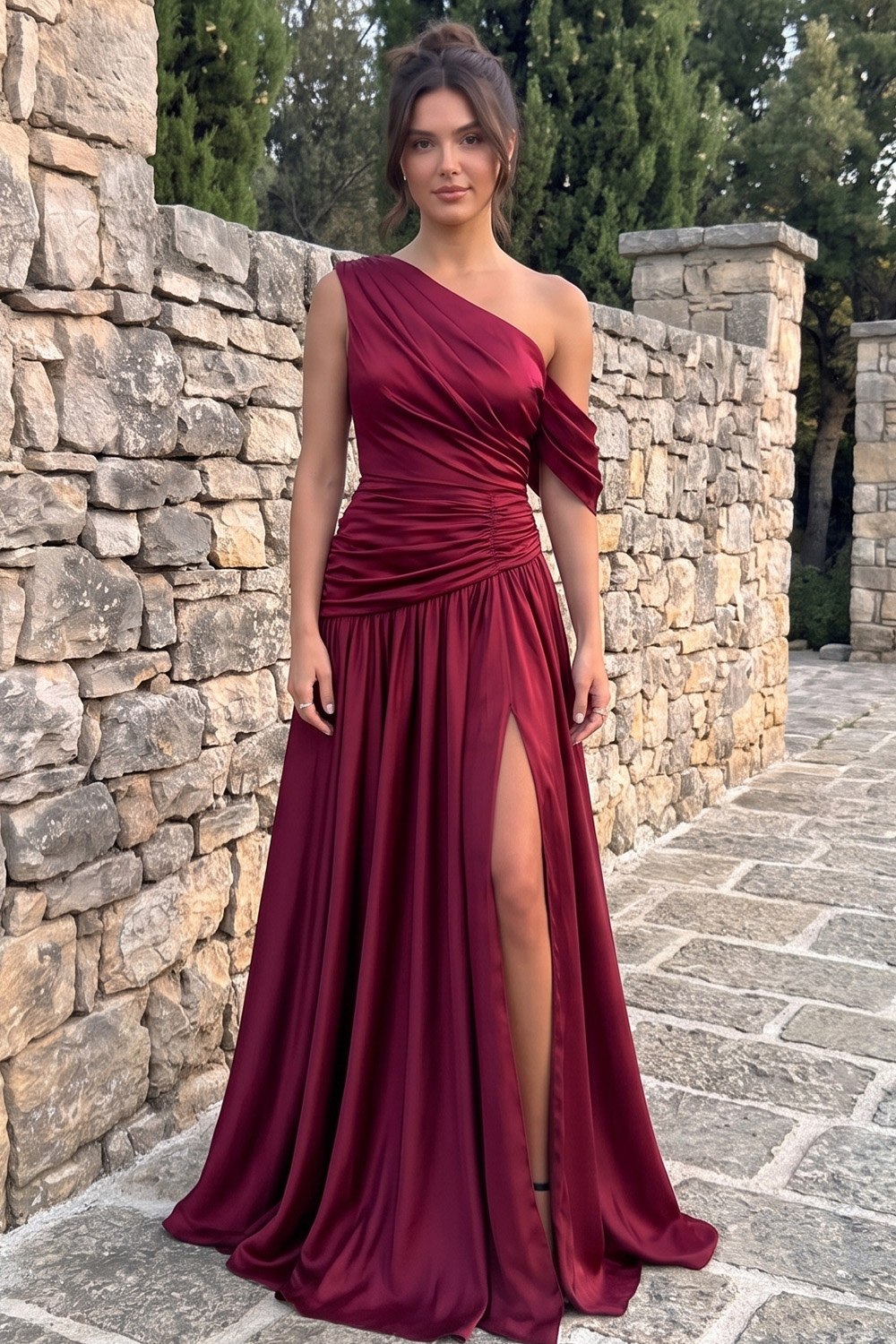 Burgundy One Shoulder Ruched A-Line Long Prom Dress with Slit