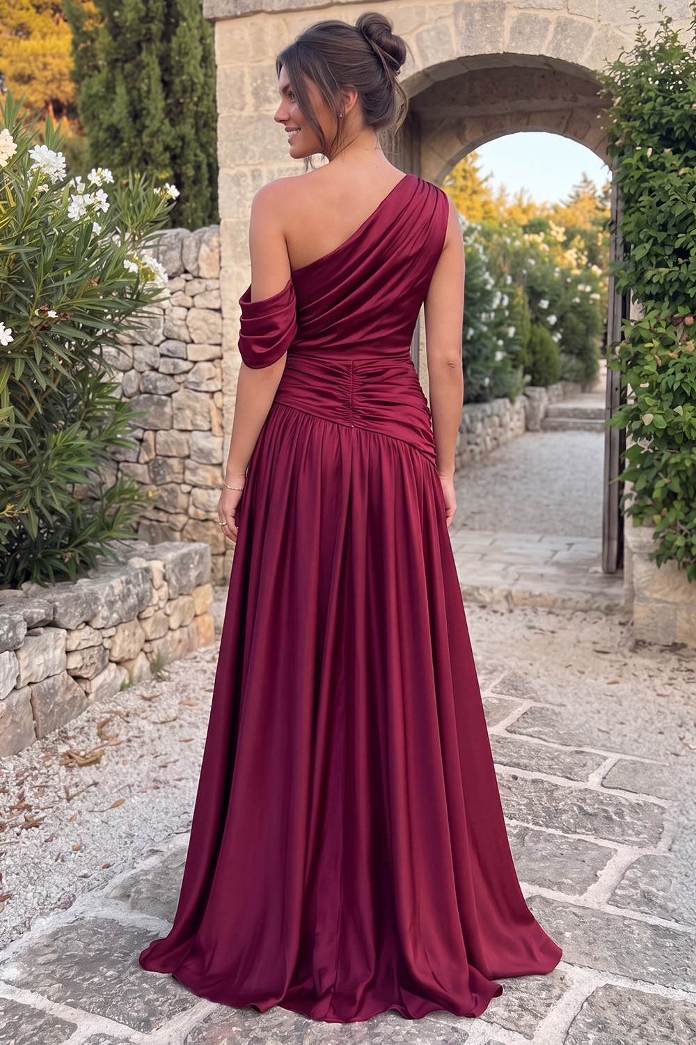 Burgundy One Shoulder Ruched A-Line Long Prom Dress with Slit