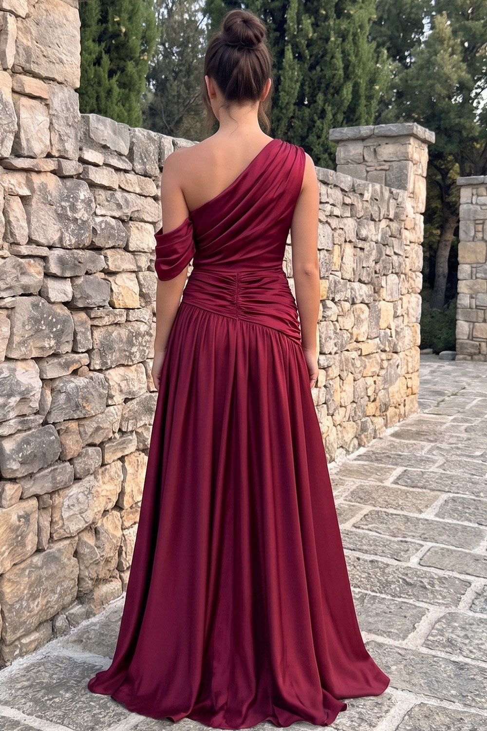 Burgundy One Shoulder Ruched A-Line Long Prom Dress with Slit