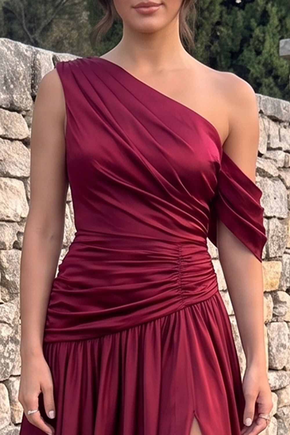 Burgundy One Shoulder Ruched A-Line Long Prom Dress with Slit