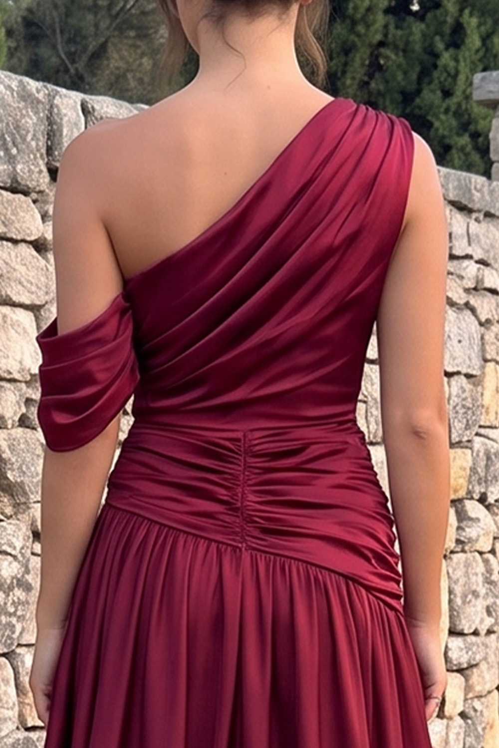 Burgundy One Shoulder Ruched A-Line Long Prom Dress with Slit