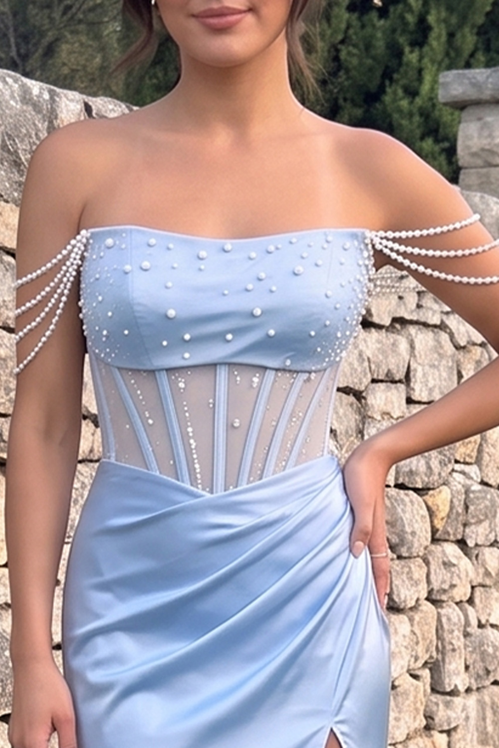 Light Blue Mermaid Off the Shoulder Corset Ruched Long Prom Dress with Pearls