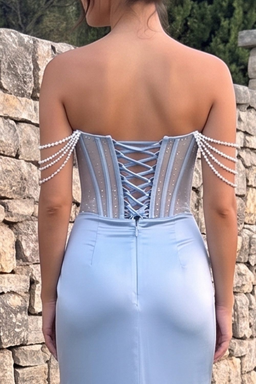 Light Blue Mermaid Off the Shoulder Corset Ruched Long Prom Dress with Pearls