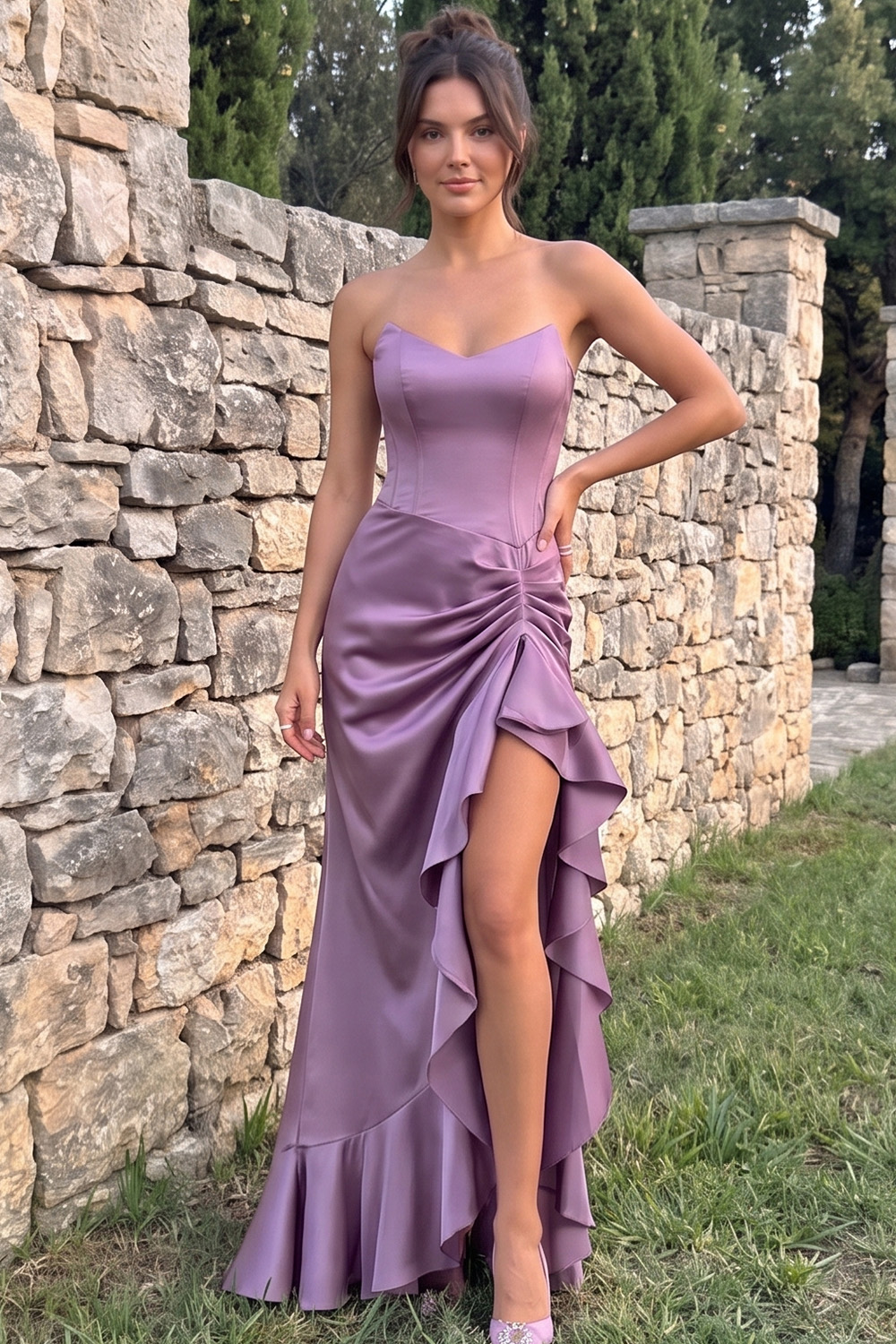 Taro Purple Corset Sheath Sweetheart Long Ruffled Prom Dress with Slit