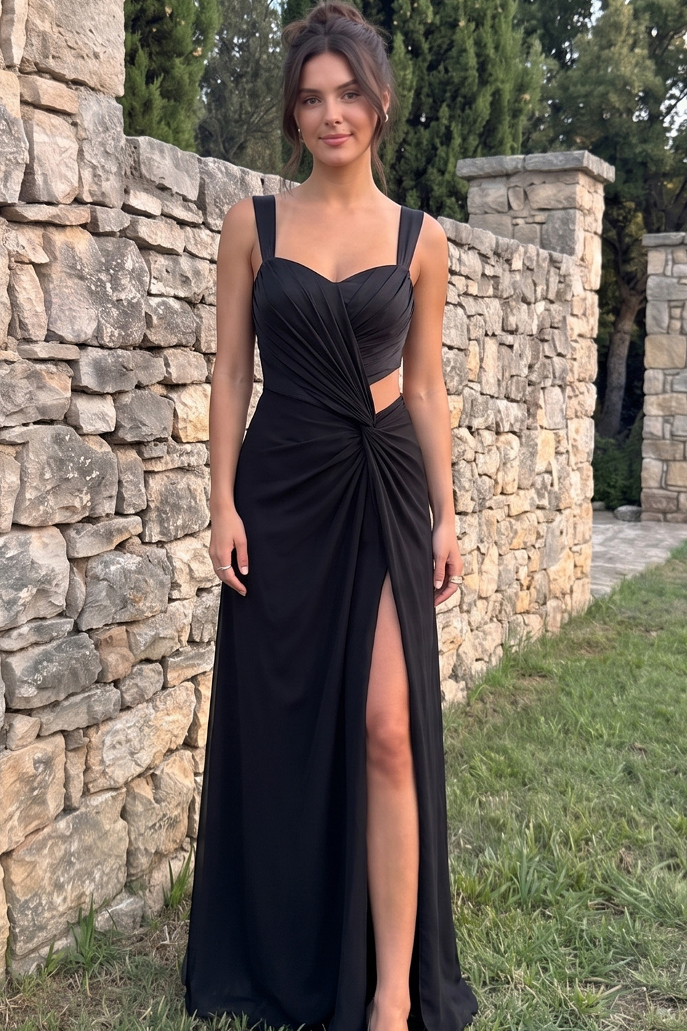 Black Sheath Thick Straps Ruched Cut Out Long Prom Dress with Slit