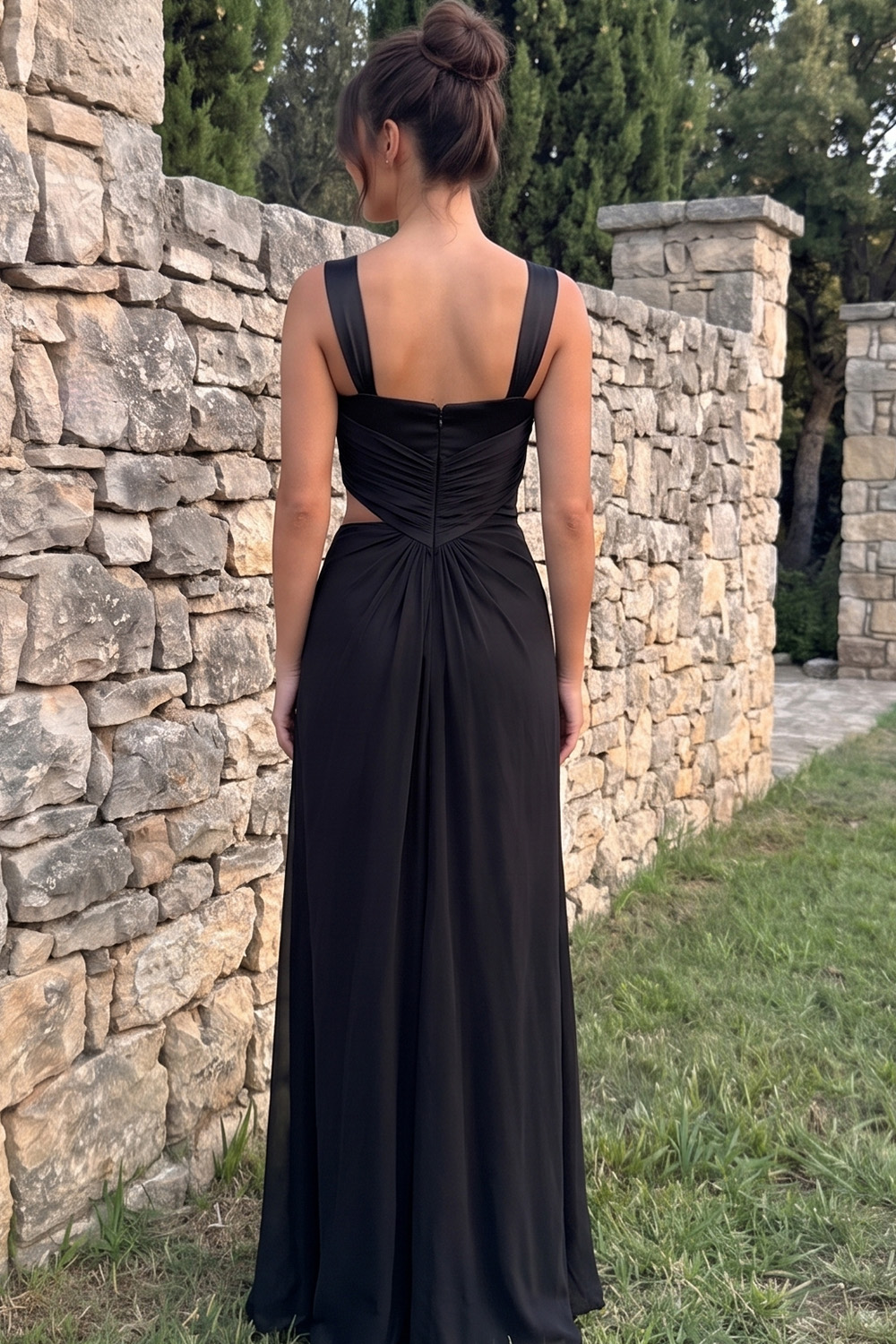 Black Sheath Thick Straps Ruched Cut Out Long Prom Dress with Slit