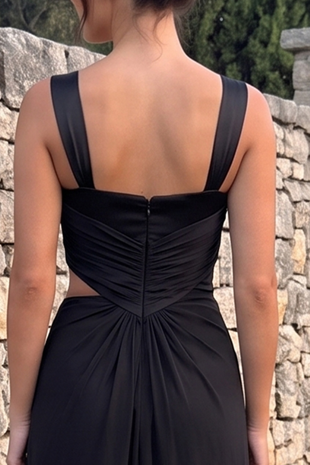 Black Sheath Thick Straps Ruched Cut Out Long Prom Dress with Slit