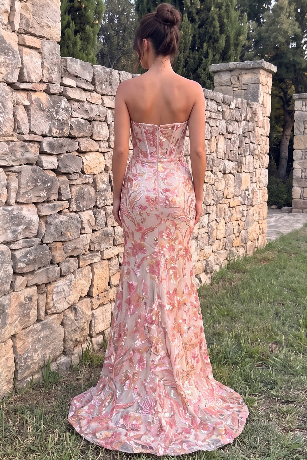 Blush Pink Corset Mermaid Strapless Sequins Long Prom Dress with Slit