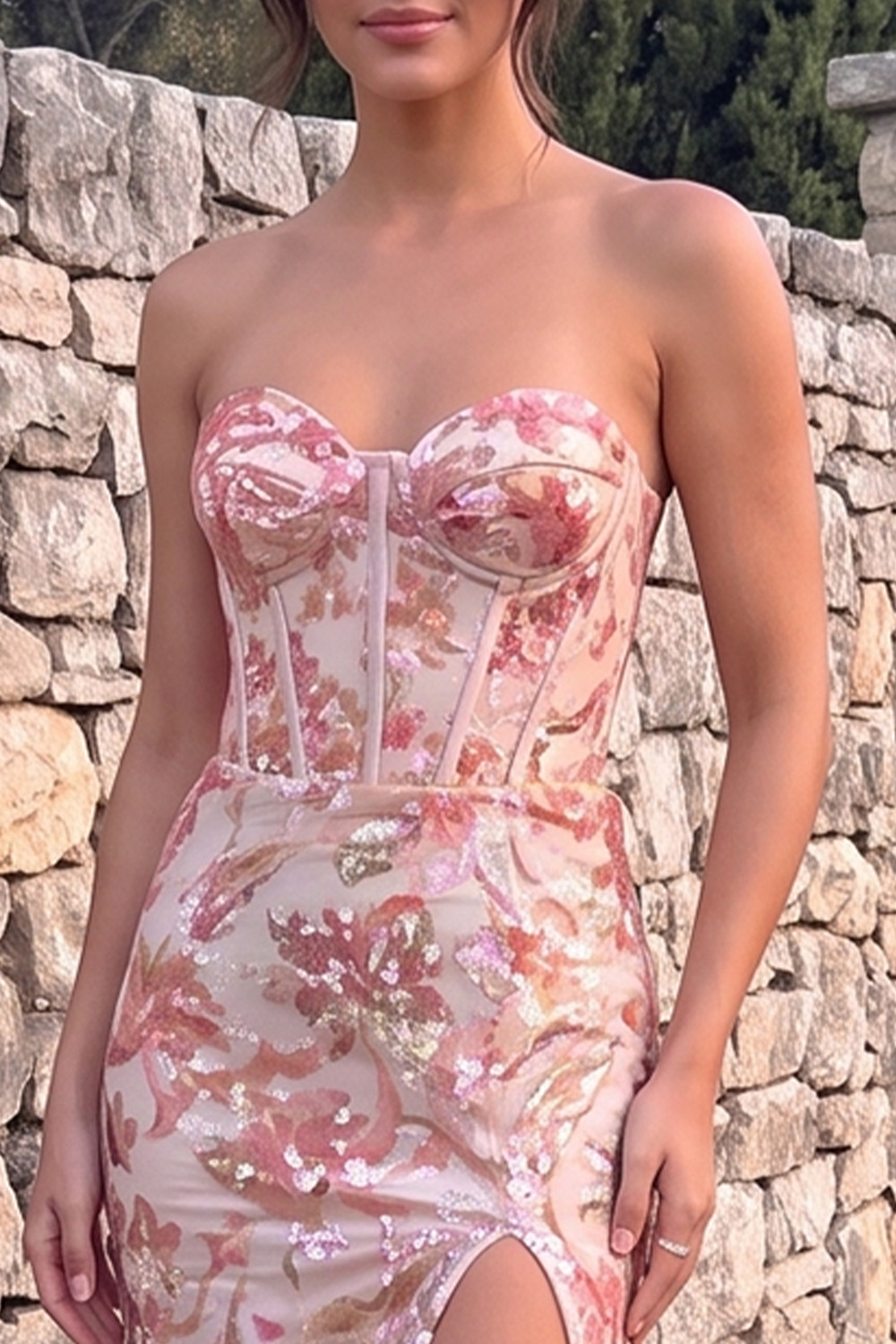 Blush Pink Corset Mermaid Strapless Sequins Long Prom Dress with Slit