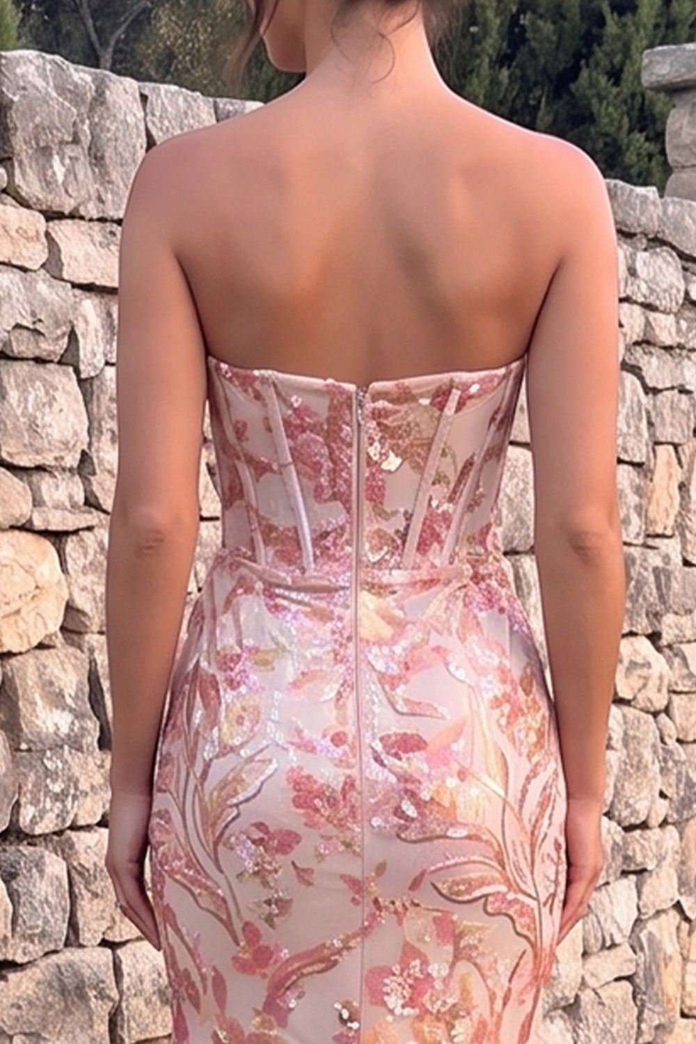 Blush Pink Corset Mermaid Strapless Sequins Long Prom Dress with Slit