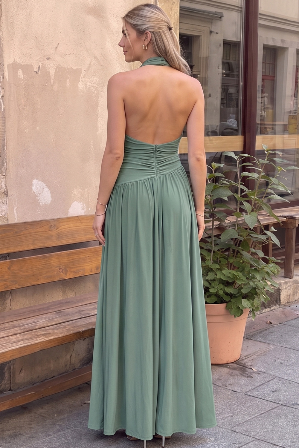 Simple Eucalyptus Halter Ruched A-Line Long Prom Dress