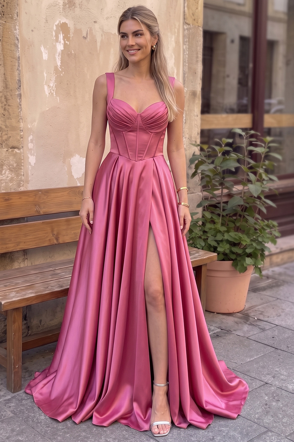 Simple Raspberry Halter Ruched A-Line Long Prom Dress
