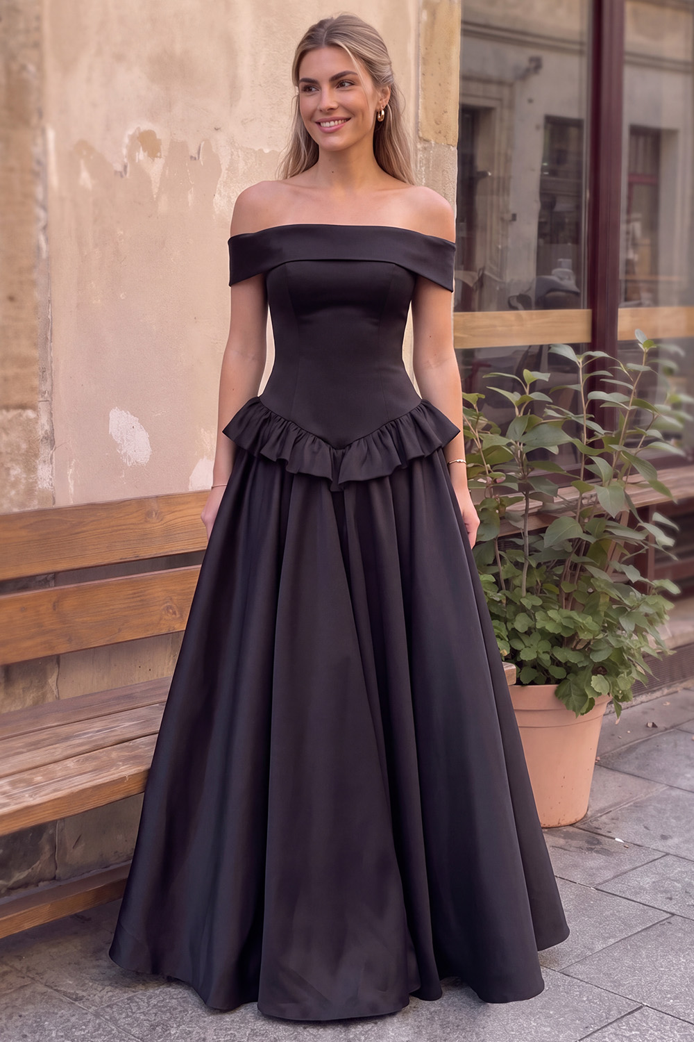 Black A-Line Off the Shoulder Ruffled Long Prom Dress