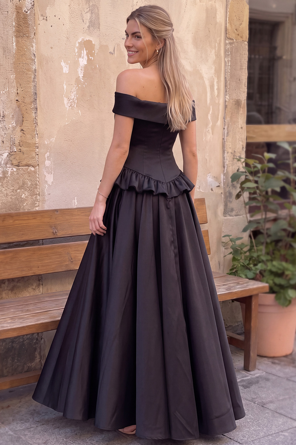 Black A-Line Off the Shoulder Ruffled Long Prom Dress