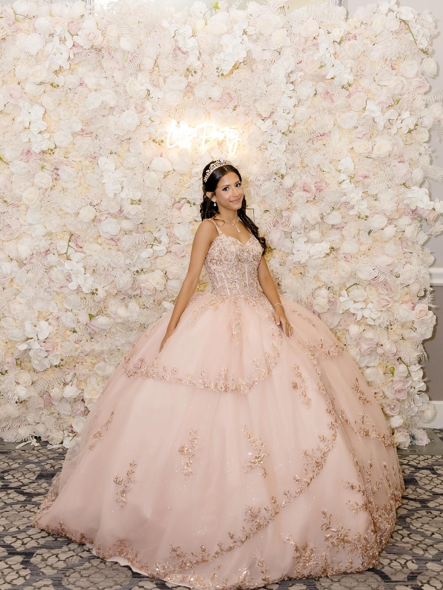 Sparkly Light Pink Appliqued Corset Long Quinceanera Dress
