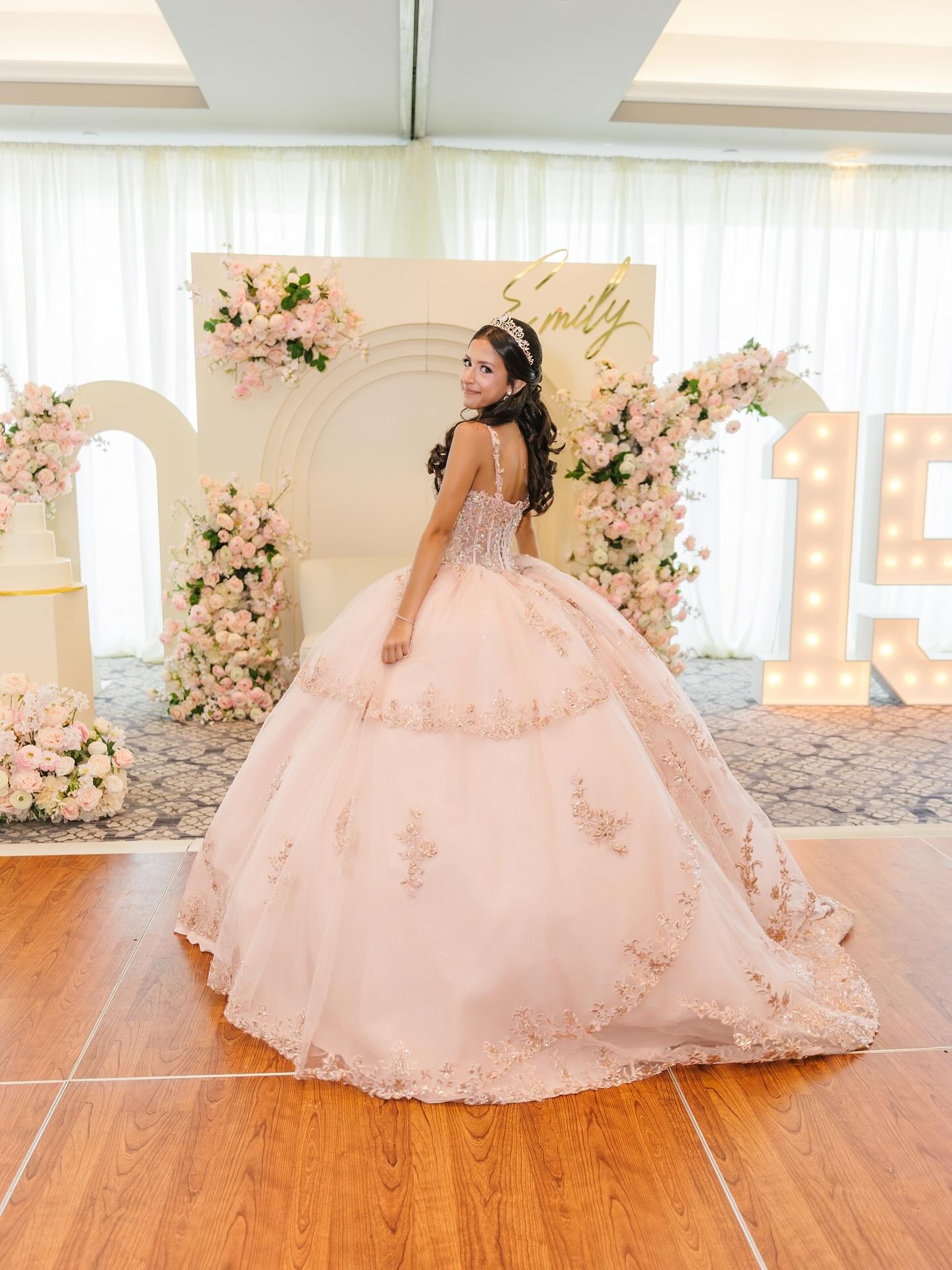 Sparkly Light Pink Appliqued Corset Long Quinceanera Dress