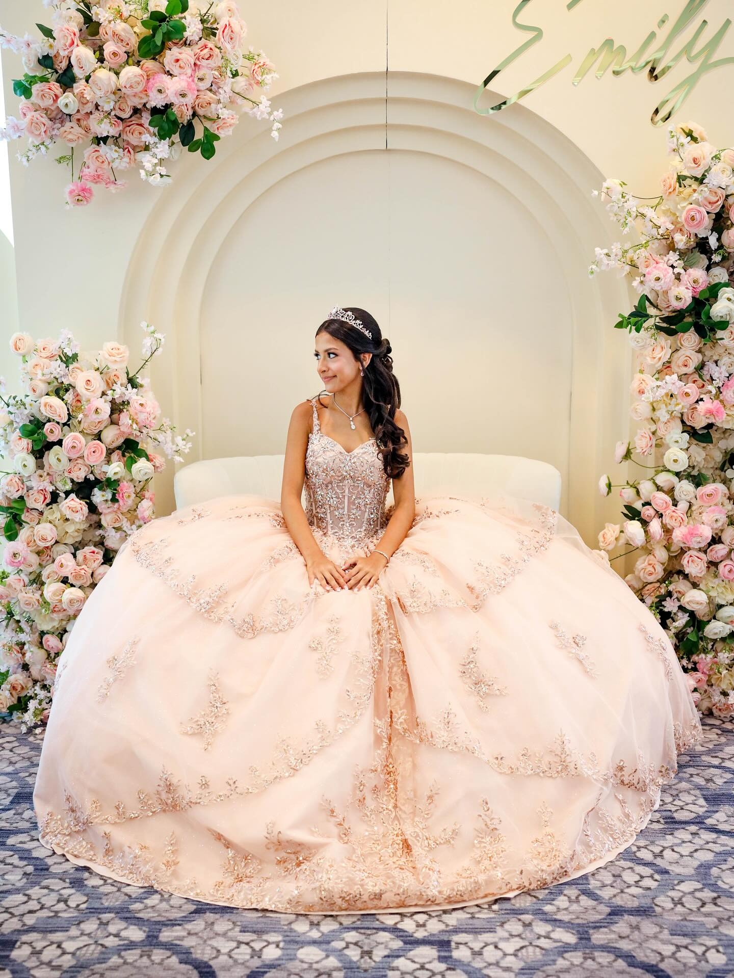 Sparkly Light Pink Appliqued Corset Long Quinceanera Dress