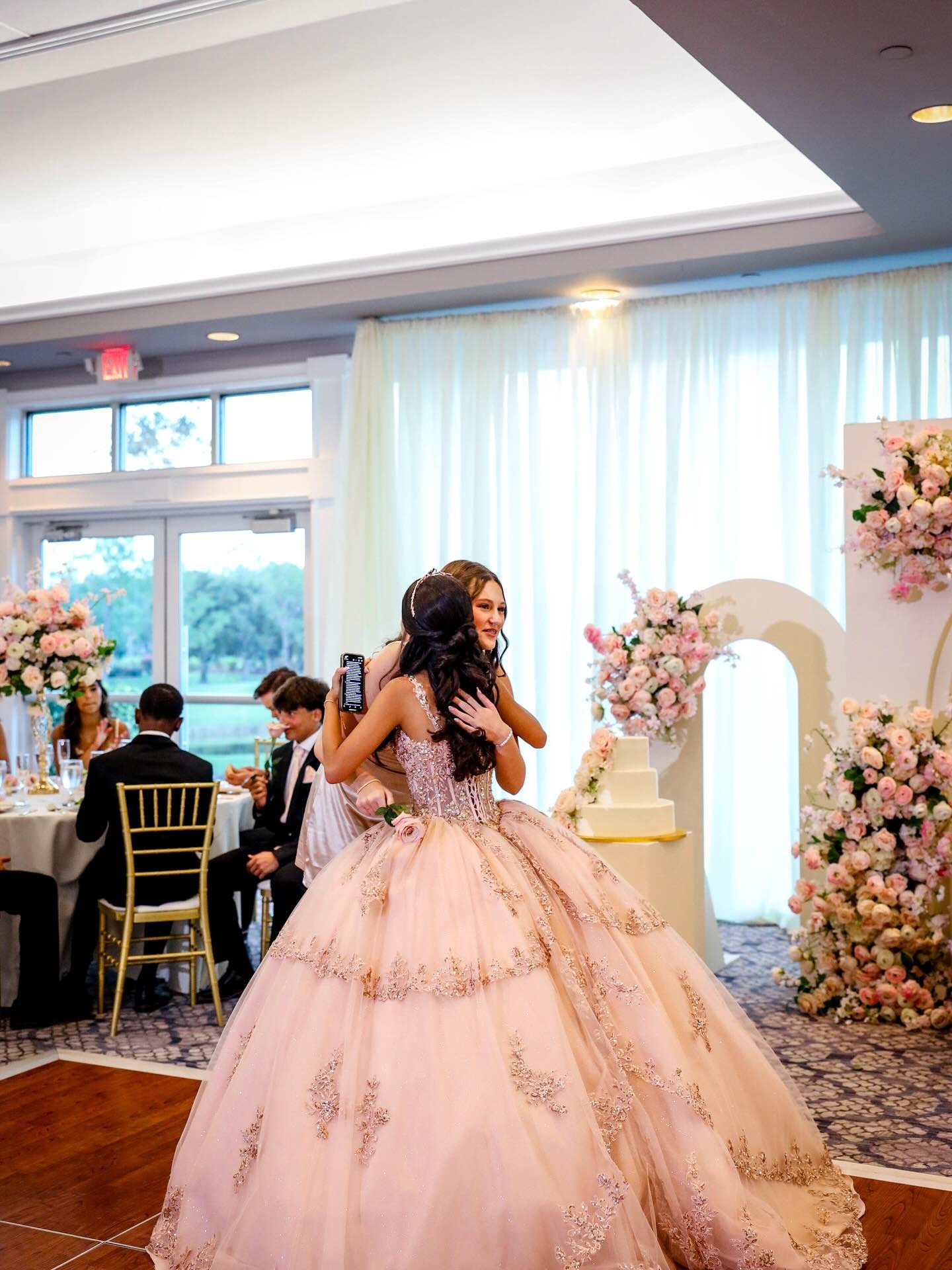 Sparkly Light Pink Appliqued Corset Long Quinceanera Dress