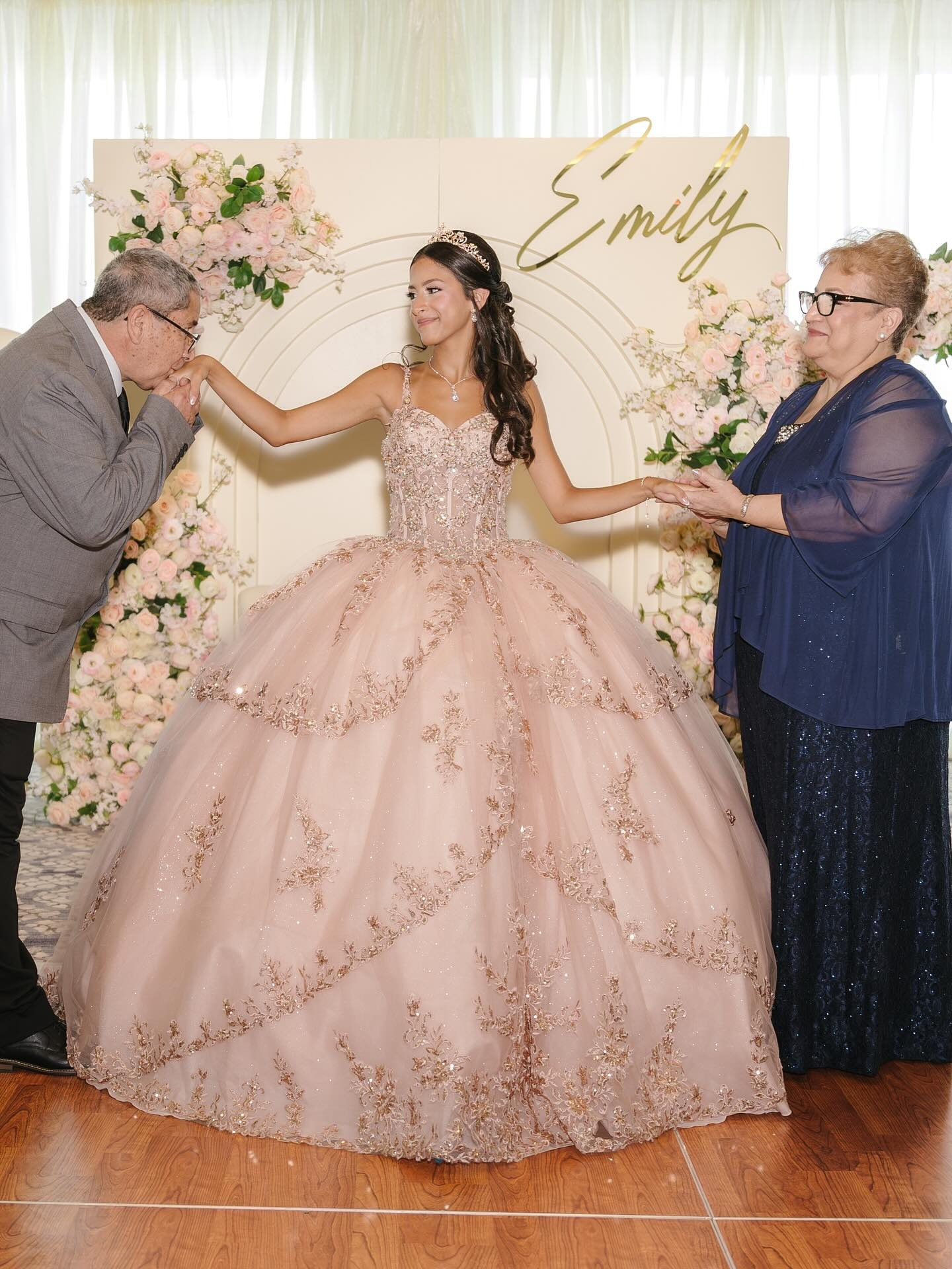 Sparkly Light Pink Appliqued Corset Long Quinceanera Dress