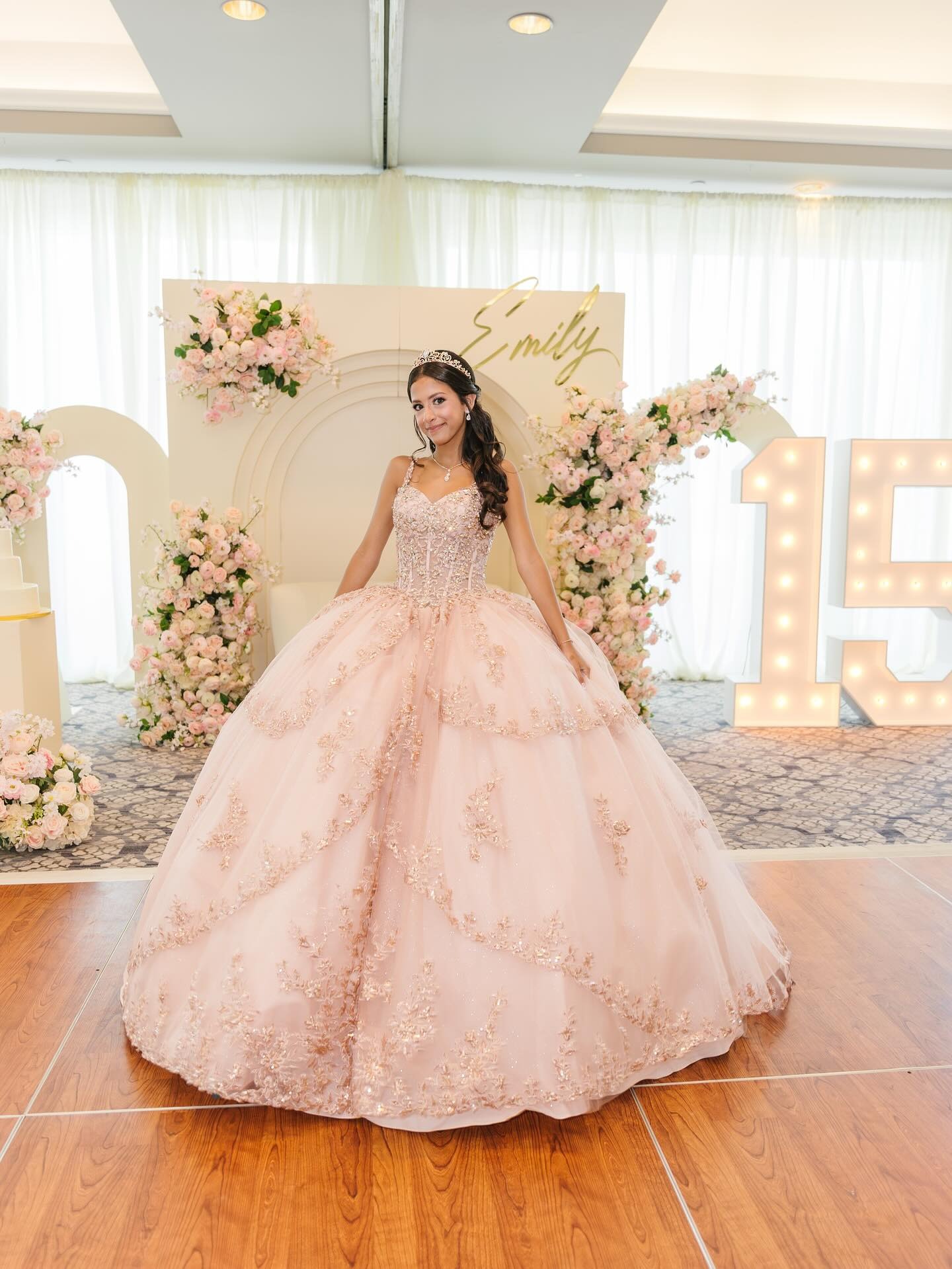 Sparkly Light Pink Appliqued Corset Long Quinceanera Dress